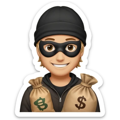 smiley robber wears black eye mask and black beanies with money bag beside him sticker