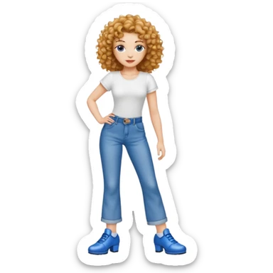 Meuf Cleane tête fine très très très belle cheveux bouclé haut blancs et jean bleu large avec des samba  sticker