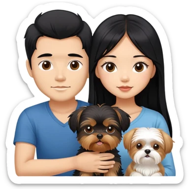 A beautiful Asian girl with long black hair is holding a Yorkshire Terrier. She is standing next to her tanned boyfriend, who is holding a Shih Tzu. They are each holding one dog each sticker