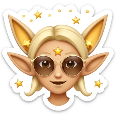 Design a playful emoji of a high Fae character with pointed ears and elven features, wearing stylish sunglasses. This emoji should exude a cool and mysterious vibe, incorporating magical elements like twinkling stars around him to emphasize his mystical nature. sticker