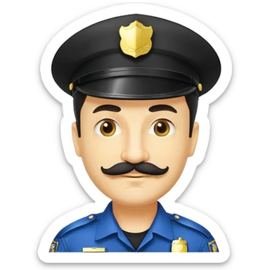 đàn ông 50 tuổi, da vàng, có ria mép màu đen, tóc ngắn, đội mũ cảnh sát màu đen, cười mỉm nhẹ nhàng sticker