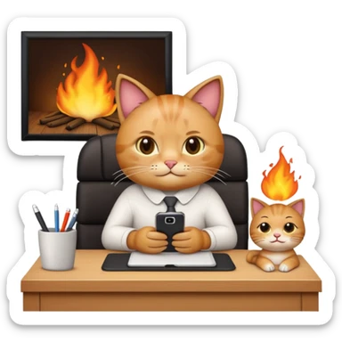 Apple-style emoji illustration of a cute cat character calmly sitting at an office desk, holding a smartphone and looking relaxed, while the office behind is subtly on fire. sticker