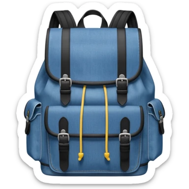 An emoji-style blue denim backpack with a flap top. Two short black buckle straps are attached only at the top flap, not extending to the bottom. The front is clean with no pockets or extended straps. The backpack has two side pockets. 


 sticker