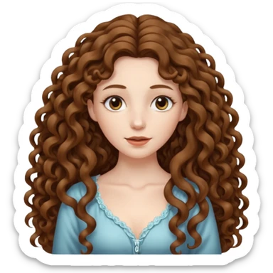 pale woman with brown curly very long hair, middle part. the hair is very very very very very very long, waist length, but you can't see her waist sticker