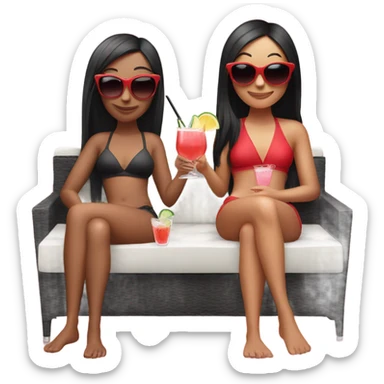 Two girls. One of them with long black hair, sunglasses on, red swimming suit, another one is short red hair, pink swimming suit, both drink cocktails and laying on the outdoor couch. Both a white skin sticker