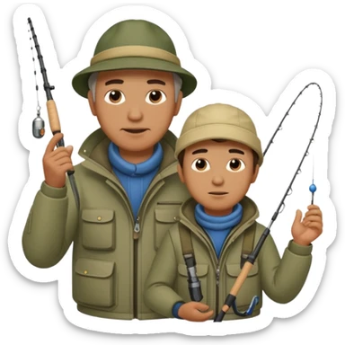Father and son in fishing gear gesturing that they are cold sticker