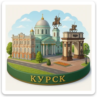 Изометричная, яркая, детализированная и фотореалистичная иллюстрация панорамы города Курска на круглой подставке, Знаменский собор, здание Дворянского собрания, Триумфальная арка в стиле 3D-коллажей городов, чёткие линии, слегка мультяшная стилистика, прозрачный фон, не обрезать края картинки sticker