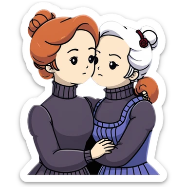 Two Victorian women with grey eyes in a sad, intimate hug. One has bright white coiffed hair, one has dark copper coiffed hair. Both wearing Victorian turtleneck dresses with arms tightly around each other. sticker