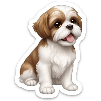 Shih tzu brown and white puppy close mouth smiling laying on the floor sticker