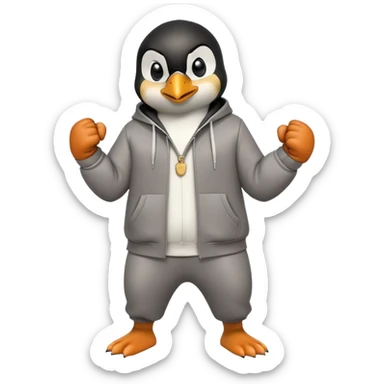 friendly anthropomorphised penguin wearing a mafia-style tracksuit, secretive scheming pose, angry expression, stomping while walking, holding a knuckle duster sticker