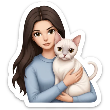 brunette Kendall Jenner with long hair holding on the hands a british white cat and a grey Sphynx sticker