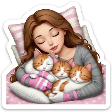 girl with long wavy brown hair, brown eyes, long lashes makeup, sexy pink lips, light to medium complexion,  sleeping on a cozy pillow, with 6 cats: 1 brown and white tabby cat, 1 ginger and white, 2 grey and white, 1 grey has white mittens and small white patch on its chest and 1 calico, sleeping sticker