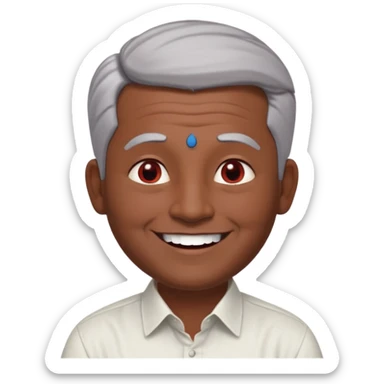 50 yr old indian man, dark skin, grey hair, big smile, white teeth, chubby, no moustache, clean shaven, young style hair, hair brushed back, 5 oclock shadow, bindy, dress shirt, forehead dot, chubby, religious, red dot, fancy hair, red dot sticker