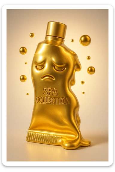 Transform the golden-beige tube into a surreal emoji with exaggerated tube shape, whimsical floating bubbles around it, a dreamy glow effect, and a slightly melting or morphing appearance. Keep the 'SPA COLLECTION' label visible. Emphasize a surreal, imaginative vibe with golden-beige tones and artistic surreal elements. sticker