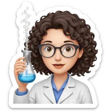 A crazy female scientist, with curly dark brown hair, brown eyes and grey glasses and pale skin  sticker