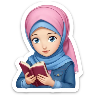 Turkish beautiful finish Konya girl blue eyes with denim and pink hijab islamic dress and reading cozy sticker