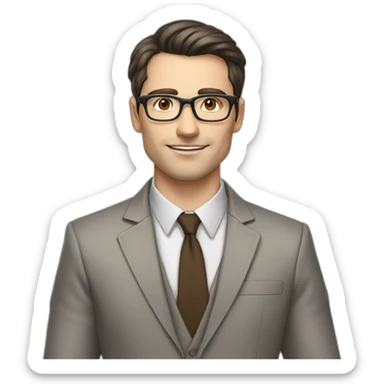 Pale skinned fit man with dark brown hair in gray jacket, beige office shirt, brown tie, brown pants and vintage glasses Writing on the marker board sticker