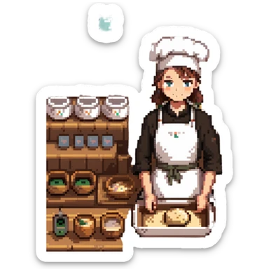 A young apprentice baker in a cozy, old-fashioned bakery. Surrounded by wooden countertops, cast iron baking trays, and a stone oven. His apron is dusted with flour, and analog timers tick beside handwritten recipe cards. The scene is textured with aged wood, metal, and soft fabric. sticker