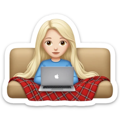 A white girl lies on a sofa under a blanket with a laptop sticker
