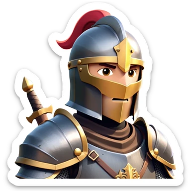 clash-of-clans-aesthetic_-cinematic-fearsome-and-majestic-knight-bust-portrait-emoji, rendered in a flat, vector-style with minimal shading and bold, simplified shapes, depicting a battle-ready medieval knight with steely eyes and intricate armor, mounted riding on a black warhorse reflecting sunlight over a misty battlefield. sticker