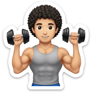 caucasian black haired curly gym guy with dumbells sticker