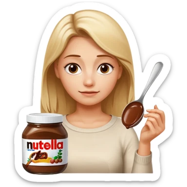 Nutella with a spoon. The glas of Nutella is almost empty . Only the one carriage of Nutella. Next to the Nutella is the head of a blond woman who is looking forward to eat the Nutella  sticker