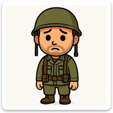 A white man with stubble in a soldier's uniform and a sad face, emoji style, full body, nothing cut off sticker
