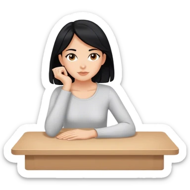 white girl black hair sitting with hands flat on table side view sticker