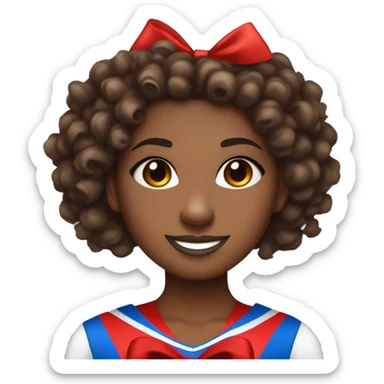 Brown skin cheerleader with a curly half up half down hairstyle with a red bow , holding one blue pom and one red pom , red skirt and white long sleeve shirt. sticker