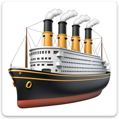 3D Apple-style emoji of the Titanic ship with simplified shapes, cartoon-like look, glossy finish, soft shadows, white background, featuring four smokestacks, black hull, and white upper decks, recognizable key features sticker