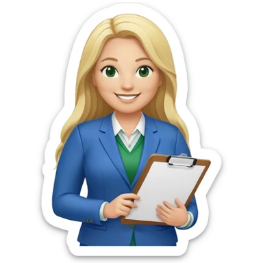 Full Body white plus size female basketball head coach with long blonde hair in a blue and green suit smiling holding clipboard sticker