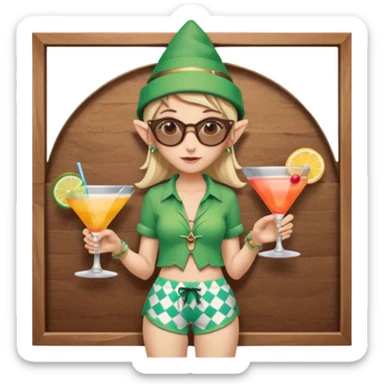 elf female legolas portrait, patterned board shorts (geometric/abstract), unique wooden-framed sunglasses, undercut hairstyle, slight smirk, visible pointy ears, no background, centered emoji, hipster summer vibe coctails with summer hat sticker