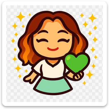 Update this chibi emote to remove the headband and change the outfit to a pastel green skirt and white blouse, holding a green love heart sticker