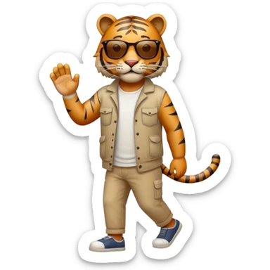anthropomorphised tiger in casual clothes with sunglasses walking upright, relaxed pose sticker