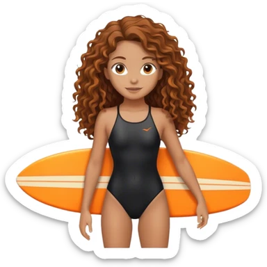 Surfer girl with black swimsuit and orange surfboard and long curly hair sticker