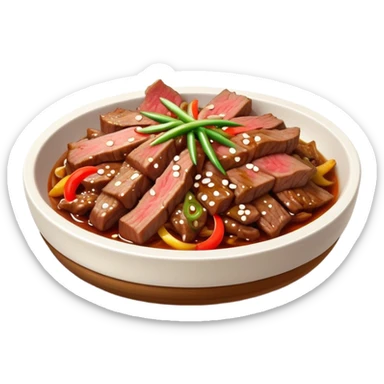Bulgogi Cinematic Realistic Bulgogi Dish Emoji, depicted as thinly sliced, marinated beef stir-fried to perfection, rendered with dynamic textures and vibrant, appetizing lighting. sticker