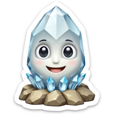 A single cute crystal rock character inspired by a clear quartz cluster, chunky round base with many tall transparent crystal spikes growing upward all around it, faceted and slightly imperfect, on the front of the base a big kawaii face with large glossy eyes and a wide happy smile sticker