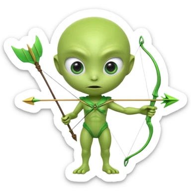 3D emoji-style green alien holding a bow and arrow, glossy texture, smooth skin, large expressive eyes, small humanoid body, minimalist background, soft lighting, Pixar-style rendering, high detail, cute but slightly serious expression, clean centered composition. sticker