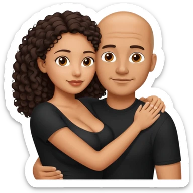 A picture of an embracing tanned couple. the man is a Mexican man with tanned skin, with a bald hair cut, short beard and wearing a black shirt. the woman is short with long curly dark brown hair and with big boobs  sticker