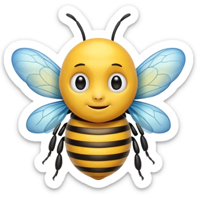 Create a cute emoji-style illustration of a bee with the face of an older man. The bee has a round yellow body with black stripes, small antennae, and light blue wings. Use bold outlines, bright colors, smooth shading, and a glossy sticker-like finish. Transparent or white background. sticker