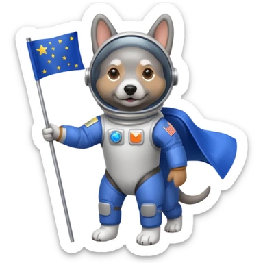 a gray dog in space suit, holding blue rectangle flag, full body, front view sticker