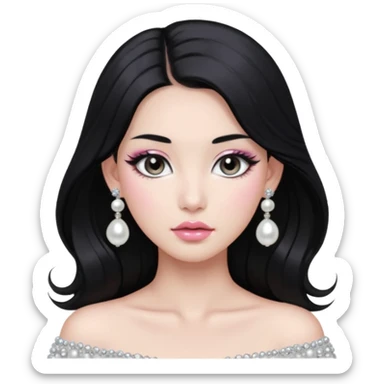 asian long voluminous black hair silver grey eyes glossy lips glittery white and light pink eyeshadow girl pearl earrings sticker