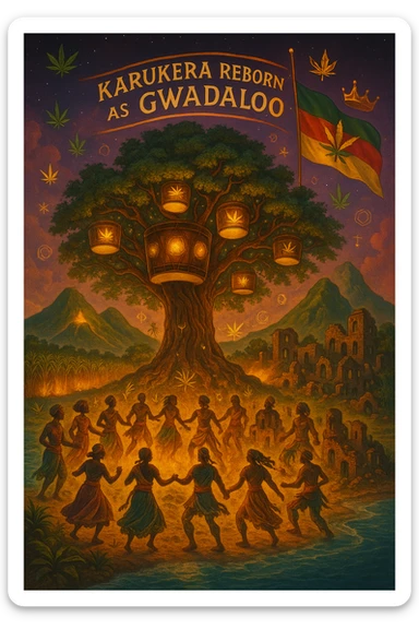 Create a powerful, surreal vision of the Caribbean island Guadeloupe, reimagined as ‘Guadeloupe' — its sacred, sovereign identity restored. The island is lush, tropical, and volcanic, with two green volcanoes glowing golden at the peaks. In the center stands a giant mystical Drum Tree, its branches bearing carved drums instead of fruit, glowing with rhythmic light. Ancestral spirits of African and indigenous lineage dance in a circle around the tree, surrounded by floating ganja leaves and sacred symbols. Sugarcane fields burn gently in the background, symbolizing the end of colonial suffering. Ruins of colonial buildings crumble into the earth, reclaimed by vines and jungle. Above the island, a glowing banner in the sky reads: ‘Karukera reborn as Gwadaloo.’ A ganja-leaf flag waves high in red, green, and gold, and a golden Creole crown floats in the sky above the island — not worn by any man, but held in rhythm. The ocean is turquoise, the light is divine, and the entire scene radiates spiritual victory, cultural remembrance, and cosmic rhythm. Use a warm, cinematic palette of golds, greens, blues, and purples. Style should feel epic, sacred, and symbolic — a rebirth of Caribbean power. sticker