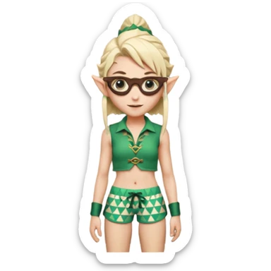 elf female legolas portrait, patterned board shorts (geometric/abstract), unique wooden-framed sunglasses, undercut hairstyle, slight smirk, visible pointy ears, no background, centered emoji, hipster summer vibe coctails sticker