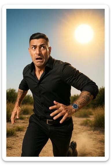 Uomo che corre via dal sole spaventato perchè pensa sia nocivo realistica sticker