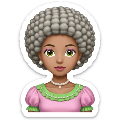 Pretty Brown woman with a very very short stylish gray Afro  wearing pink and green dress  and pearl blouse with sleeves sticker