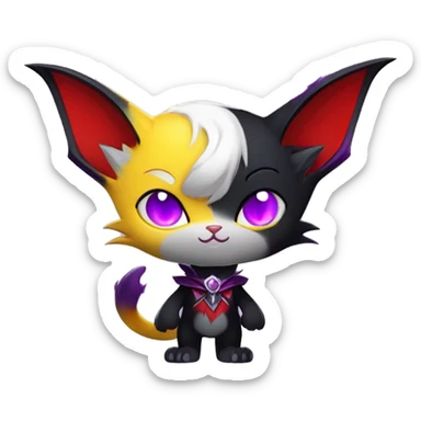 Anthro-Cute-Edgy-Cool-Vampiric-Batty-Cat-Black-Purple-Red-Grey-White-Yellow-Contrast-Colors-Fantasy-Fur-Sona-Chibi-Shiny-Fakémon-Hybrid with horns and fangs and collar full body sticker
