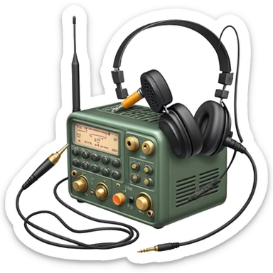 A photorealistic icon featuring a ham radio transceiver, headphones, microphone, antenna, and radio equipment like soldering tools and cables. The design includes detailed textures and realistic lighting, symbolizing the passion for amateur radio and communication. Transparent background. sticker