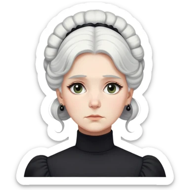 A Victorian woman with simple yet elegant coiffed white hair and light eyes wearing a modest unadorned monochrome black turtleneck mourning dress with puff sleeves looking down with a forlorn expression sticker