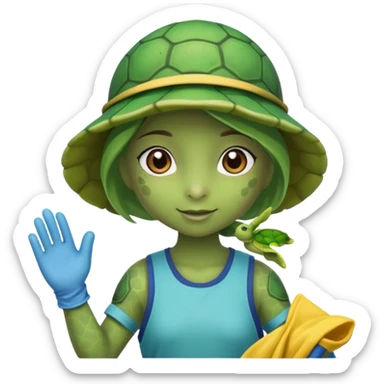 Haz una tortuga bonita, que sea niña, con ropa como si estuviera haciendo voluntariado, que Rea presente la limpieza de playas y el de refugio de animal sticker